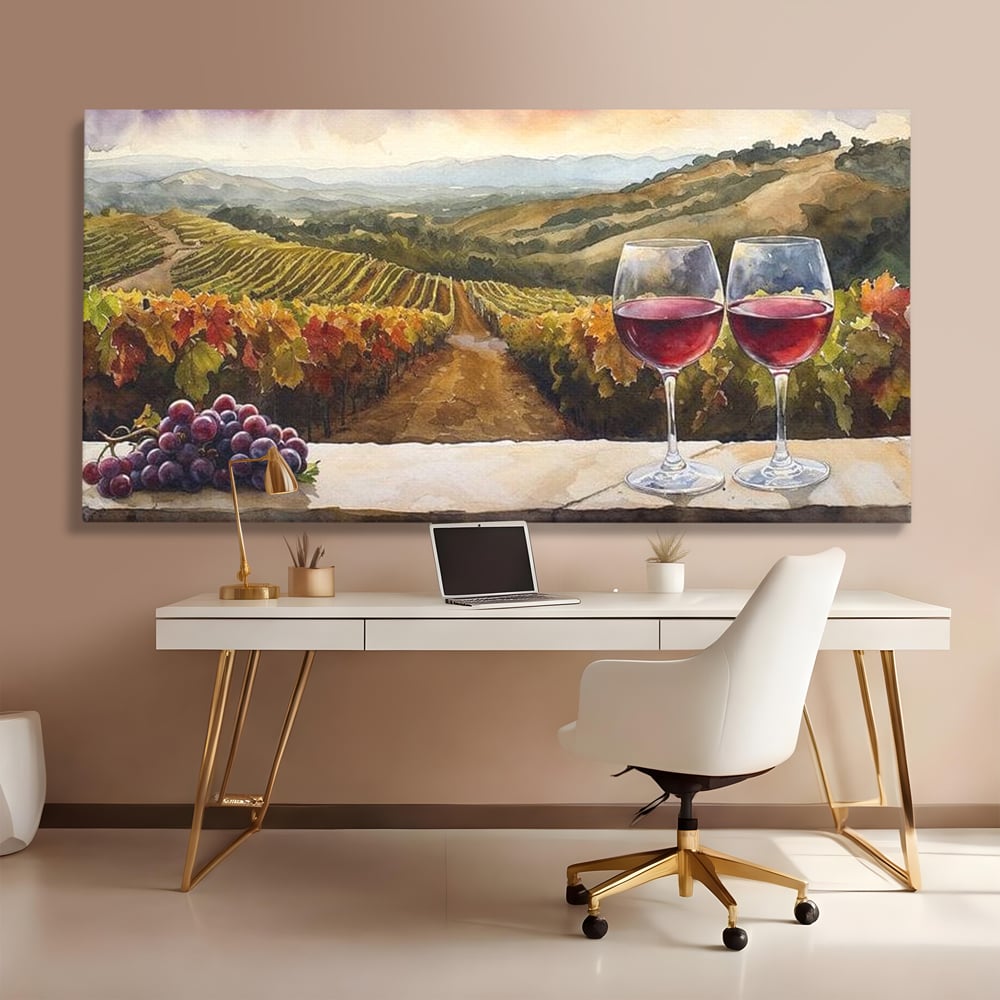 Tablou canvas cu tablou canvas cu peisaj viticol si pahare de vin, fara rama, pe sasiu de lemn, pe perete intr-un birou